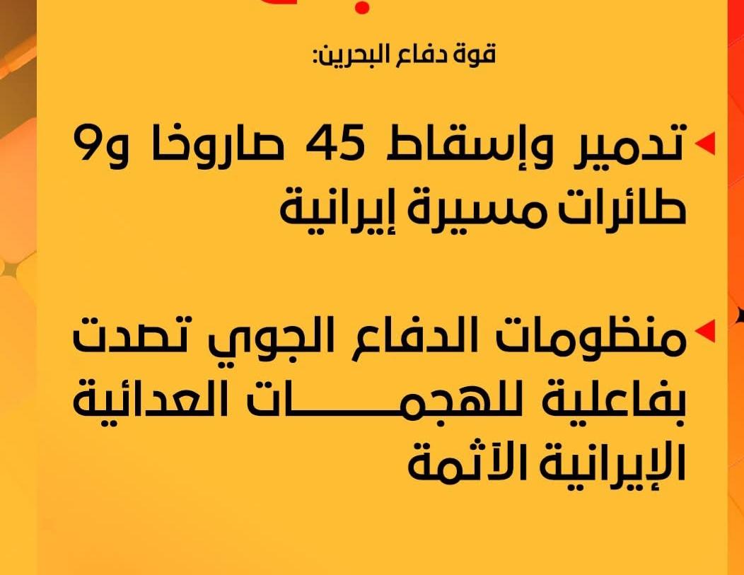 قوة دفاع البحرين: تدمير وإسقاط 45 صاروخا و9 طائرات مسيرة إيرانية