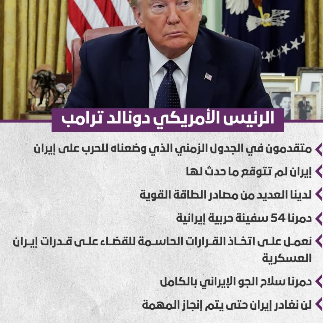 الرئيس الأمريكي دونالد ترامب: متقدمون في الجدول الزمني الذي وضعناه للحرب على إيران