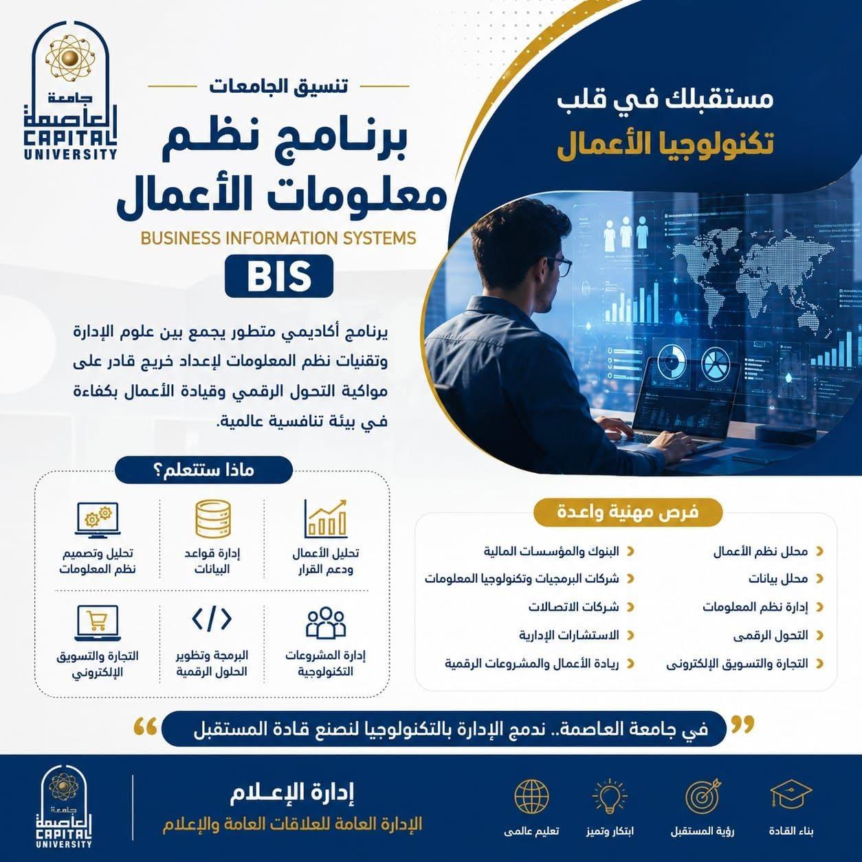تنسيق الجامعات | برنامج **BIS** بجامعة العاصمة.. بوابتك إلى عالم الأعمال الرقمية وتكنولوجيا المستقبل
