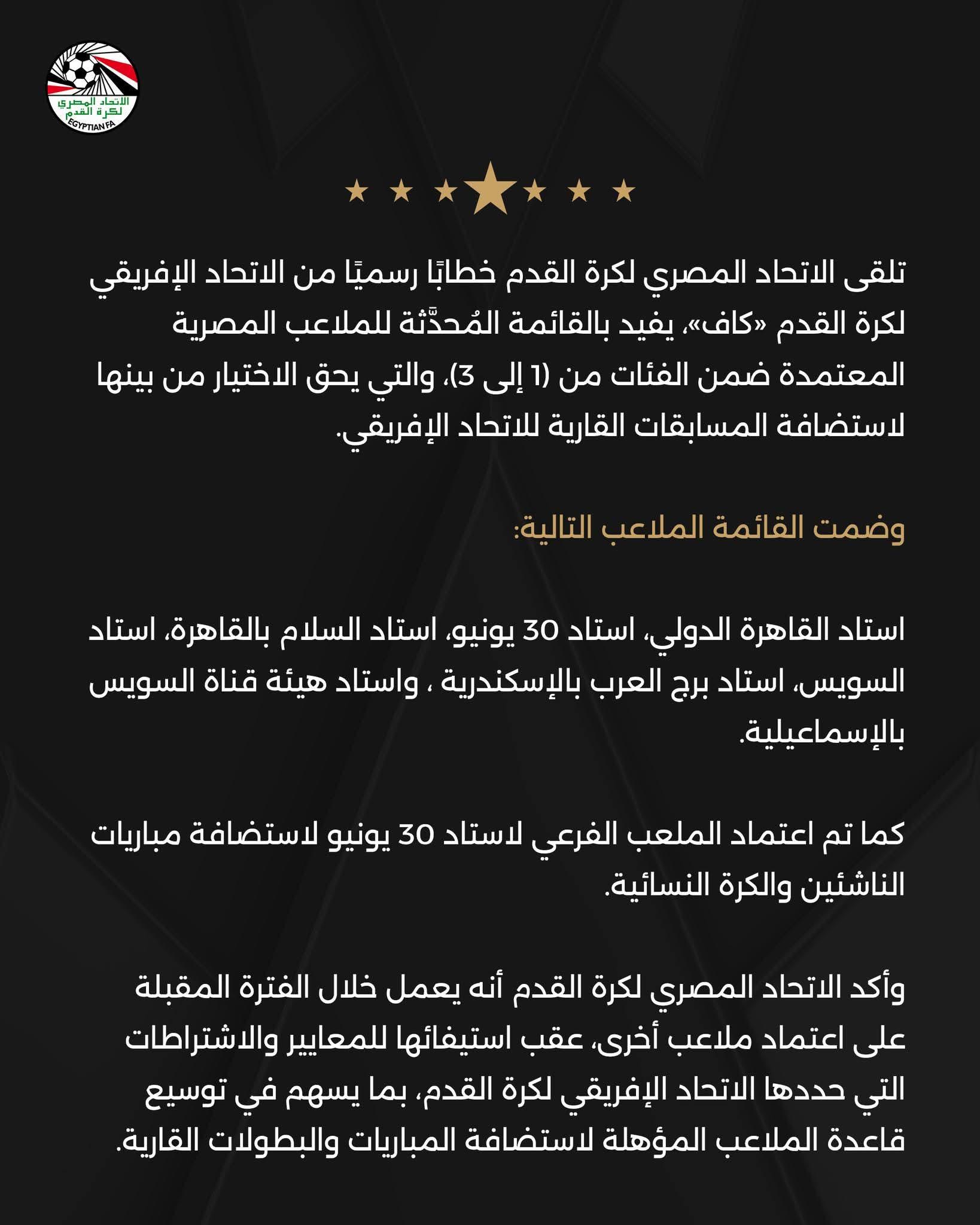 خطاب رسمي من «كاف» بالقائمة المُحدَّثة للملاعب المصرية المعتمدة ضمن الفئات من (1 إلى 3)