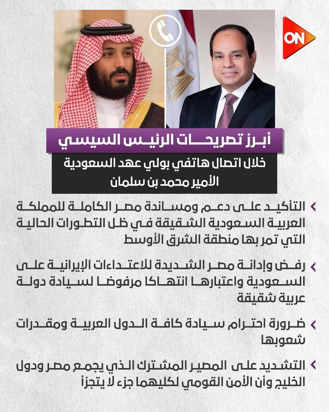 تصريحات الرئيس السيسي خلال اتصال هاتفي بولي عهد السعودية الأمير محمد بن سلمان