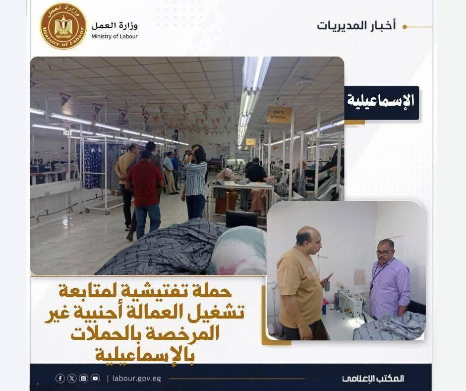 حملة تفتيشية لمديرية العمل بالإسماعيلية لضبط تشغيل العمالة الأجنبية غير المرخصة بمنشآت القطاع الخاص