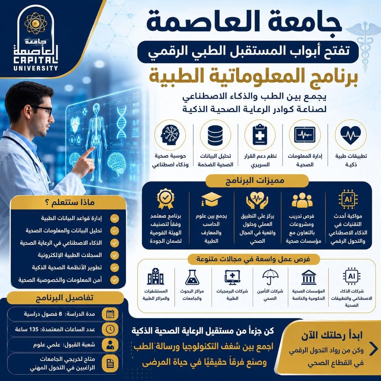 برنامج المعلوماتية الطبية يجمع بين الطب والذكاء الاصطناعي لصناعة كوادر الرعاية الصحية الذكية بجامعة العاصمة