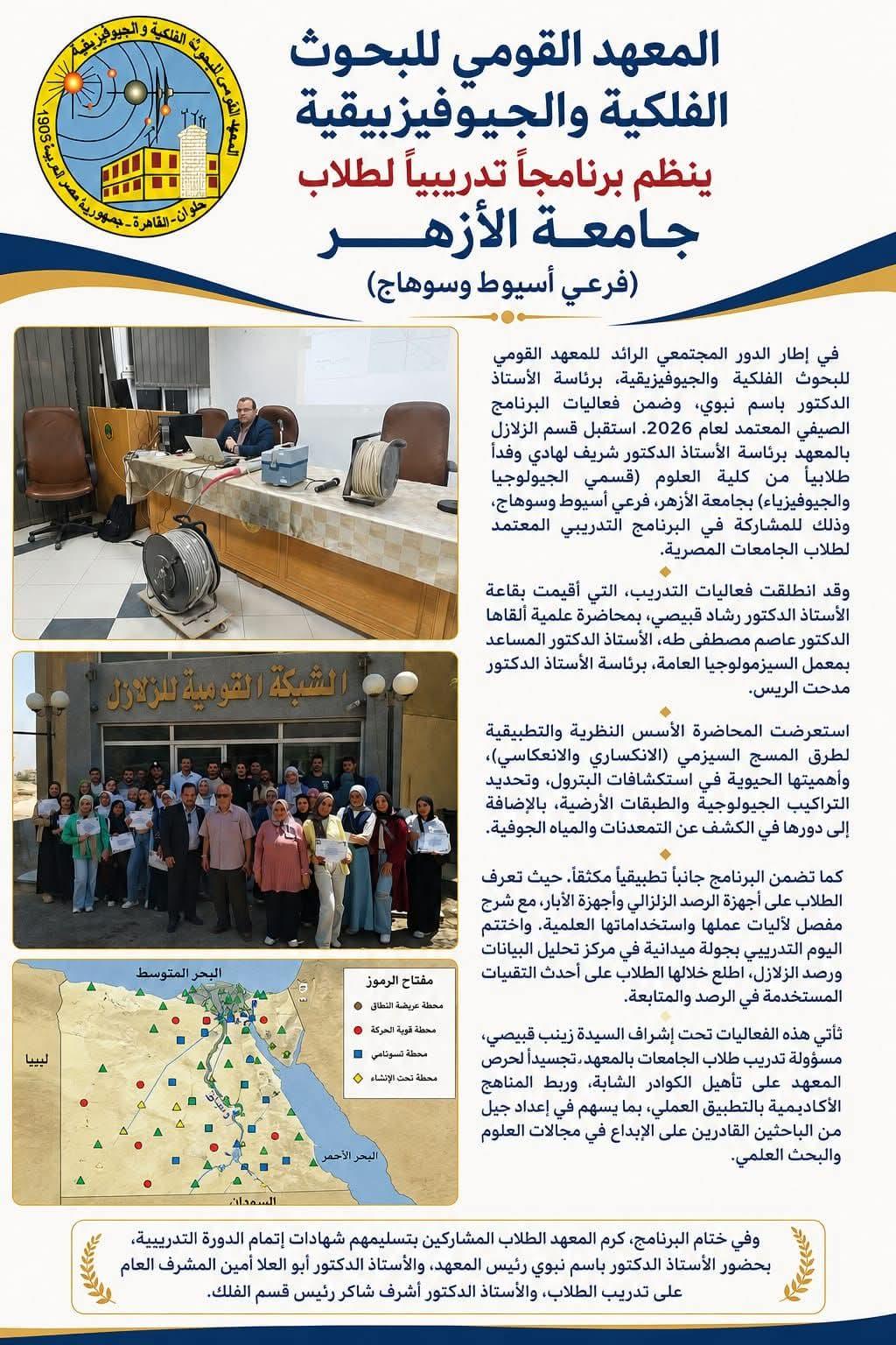 المعهد القومي للبحوث الفلكية والجيوفيزيقية ينظم برنامجاً تدريبياً لطلاب جامعة الأزهر (فرعي أسيوط وسوهاج)