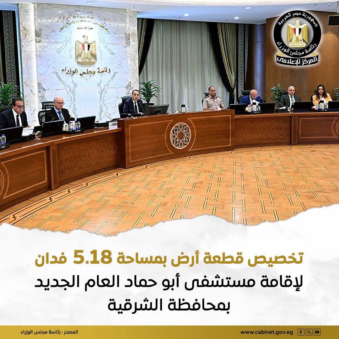 مجلس الوزراء يوافق على نقل قطعة أرض بمساحة 5.18 فدان المملوكة للدولة ملكية عامة ناحية مدينة أبو حماد بمحافظة الشرقية