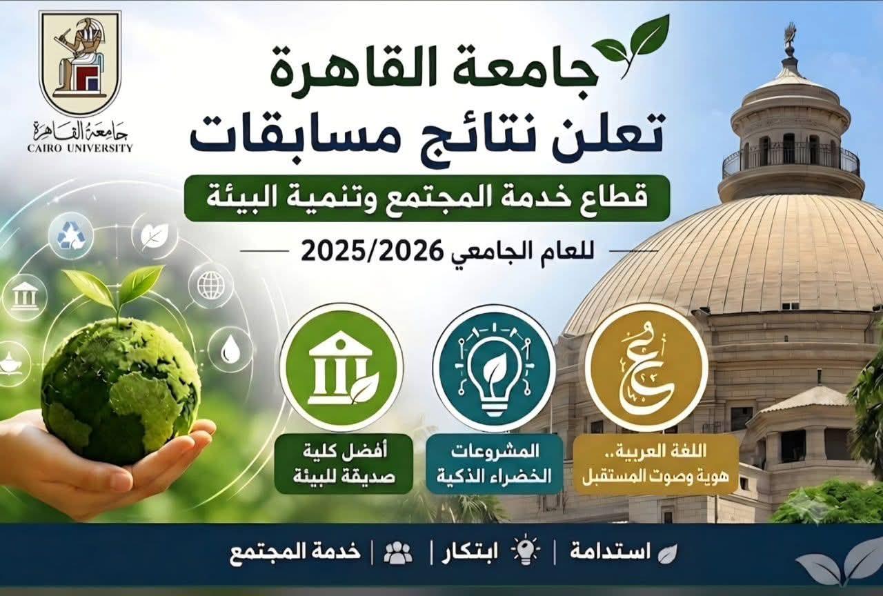 جامعة القاهرة تعلن نتائج مسابقات قطاع خدمة المجتمع وتنمية البيئة للعام الجامعي 2025/2026 لأفضل كلية صديقة للبيئة، والمشروعات الخضراء الذكية، و«اللغة العربية.. هوية وصوت المستقبل»