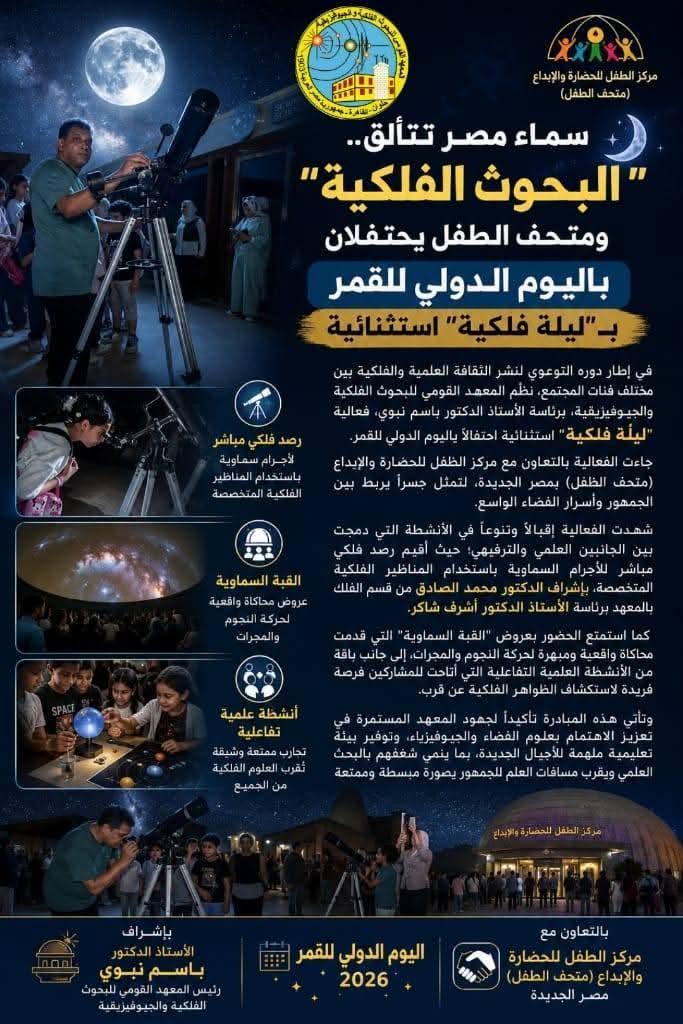 سماء مصر تتألق.."البحوث الفلكية " ومتحف الطفل يحتفلان باليوم الدولي للقمر ب"ليلة فلكية" استثنائية