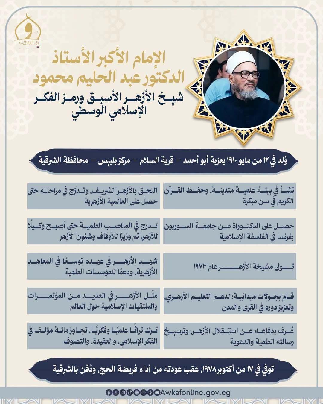 وزارة الأوقاف تُحيي ذكرى وفاة الإمام الأكبر الأستاذ الدكتور عبد الحليم محمود، شيخ الأزهر الأسبق